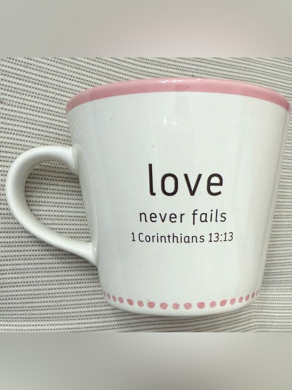 Love Never Fails Inspirational White and Pink Ceramic Coffee Mug - Corinthians